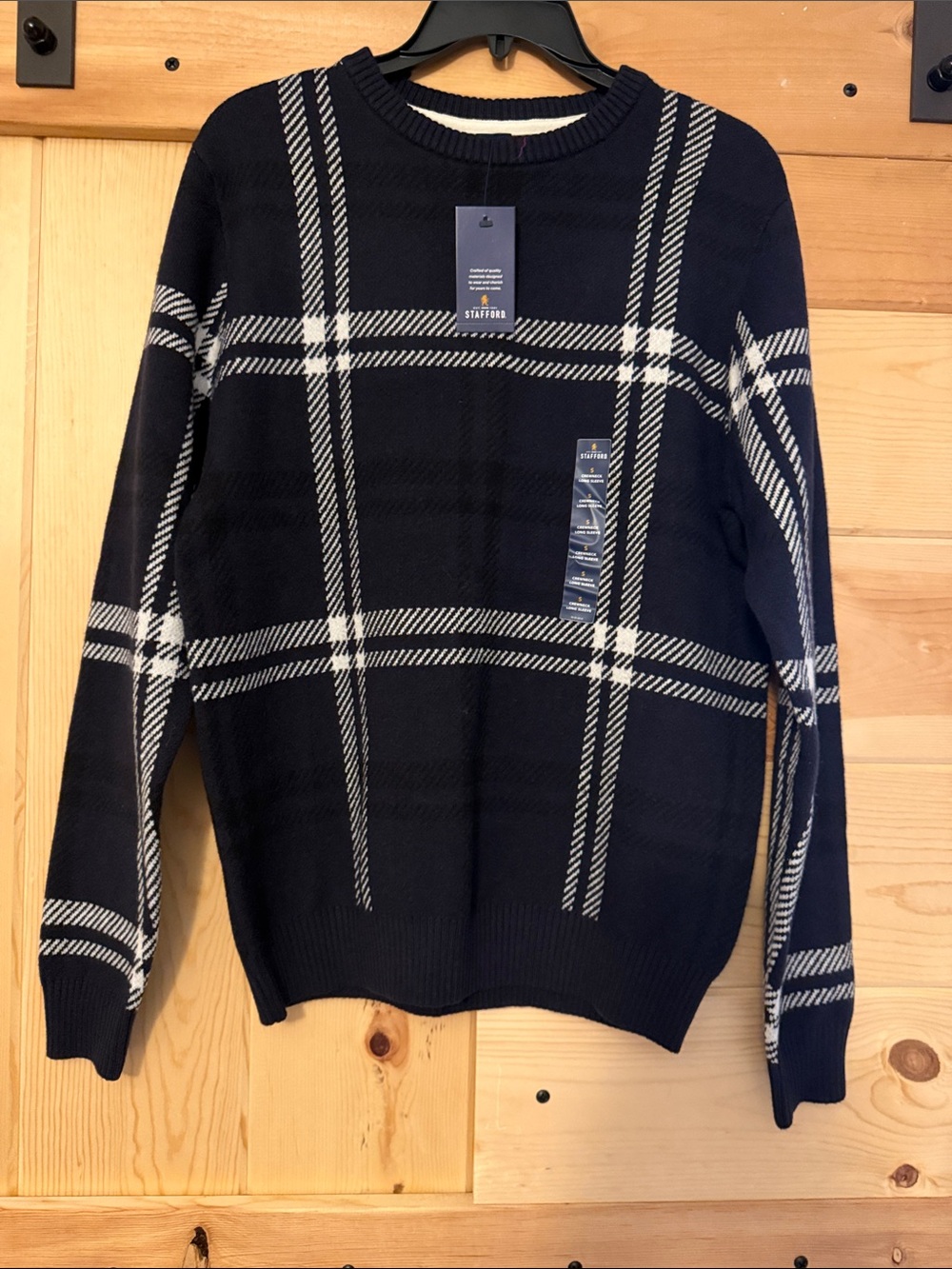 Stafford Navy and White Plaid Crewneck Sweater